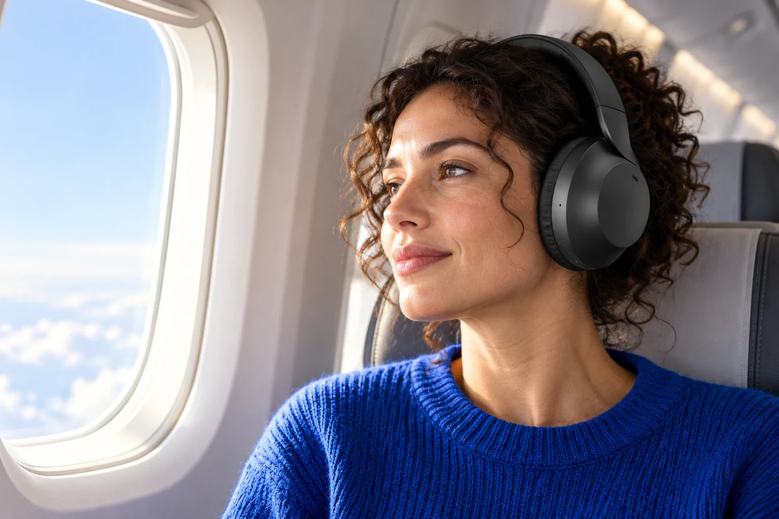 Passenger wearing matte black QuietMix II headphones beside an aeroplane window