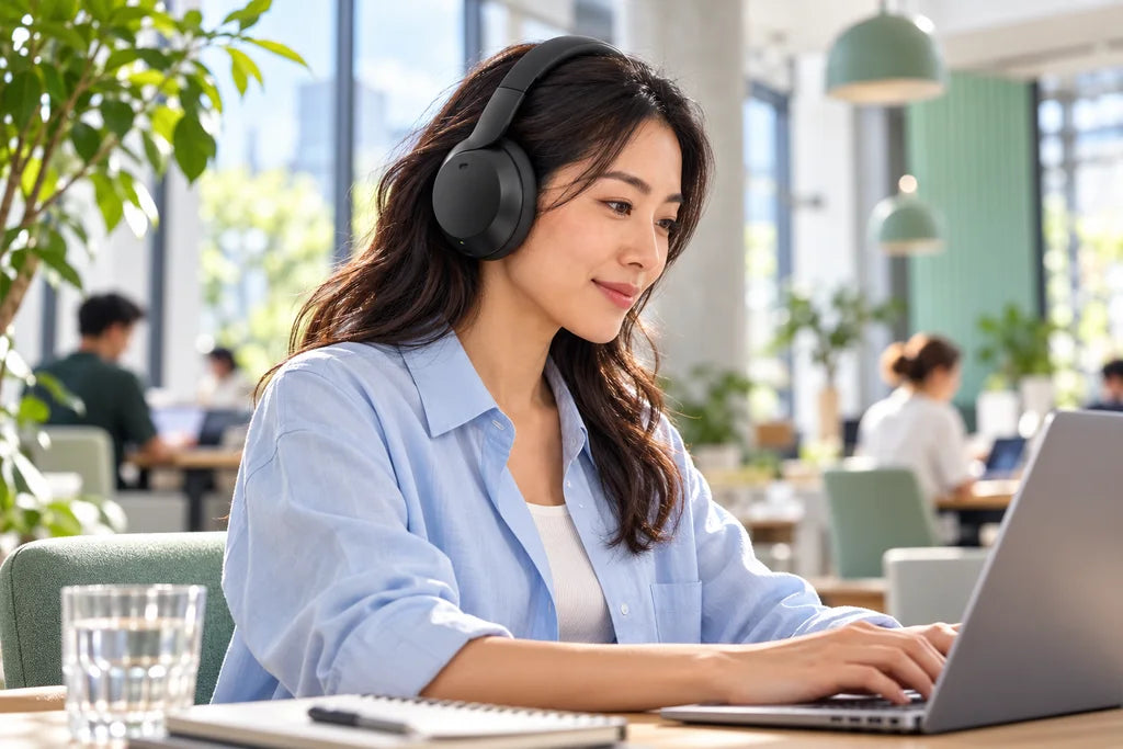 Woman wearing QuietMix II headphones while working at a laptop